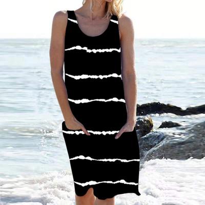Damska Sukienka Tank Bez Rękawów Letnia Codzienna Sukienka Tuniczna z Okrągłym Dekoltem z Kieszenią Luźna w Paski Plażowa Sukienka Letnia Kostium Kąpielowy Bikini Cover-Up
