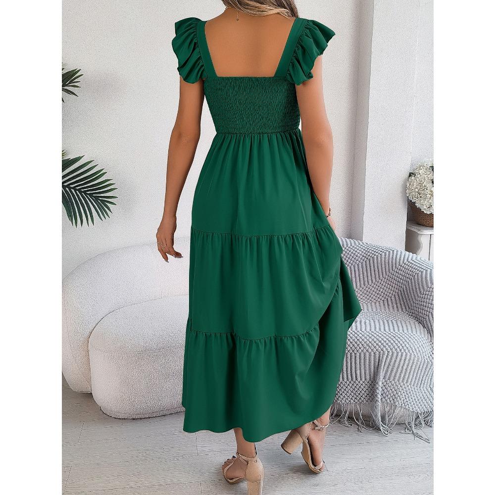 Summer Solid Colour Square Neck Wooden Ear Side Waist A-Line Long Women's Loose Casual Dresses