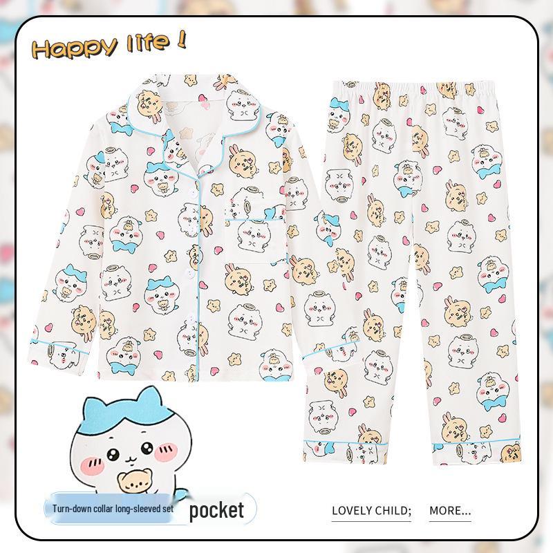 Spring & Autumn Cotton-Feel Girls' Cardigan Pajama Set - Long Sleeve & Pants