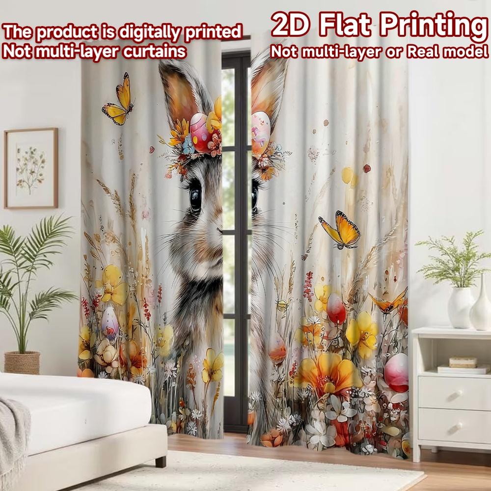 2D flat printing 2pcs Curtain Window Curtains Easter Bunny with Flowers Digital Printed Polyester Drapes Family Party Decoration