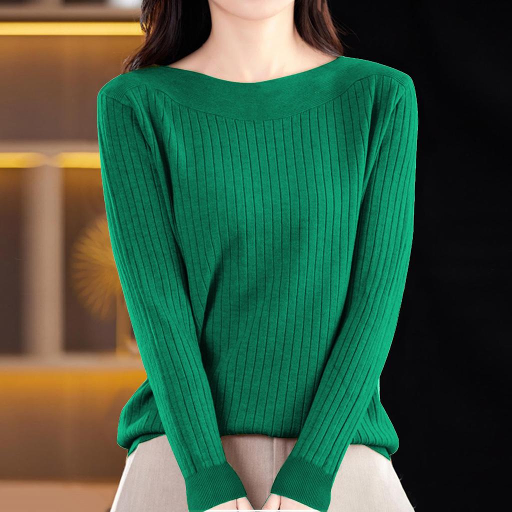 Women's Casual Round Neck Knitted Long Sleeve Undershirt One-Shoulder Sweater
