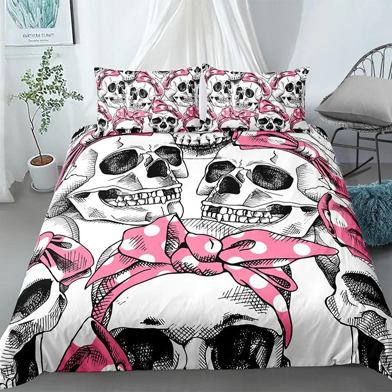 Skull Duvet Cover King Halloween Comforter CoverGothic Fog Smoke Skull Skeleton Bedding SetGrey Quilt Cover Room Decor 2/3pcs