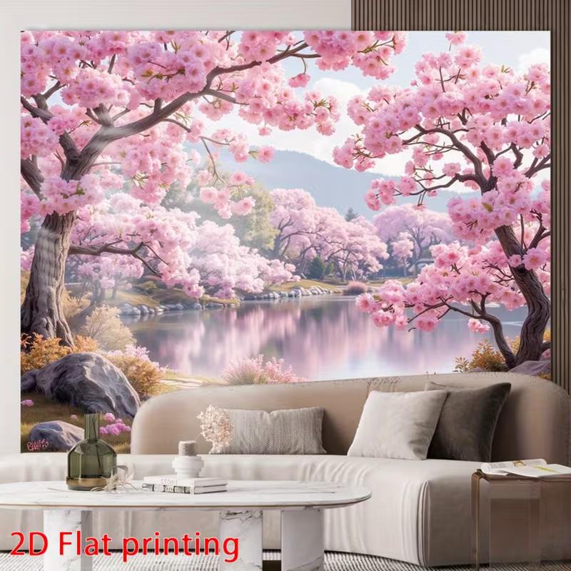 2D Pink Cherry Blossom Backdrop, Serene Lake Wall Decor 47.2x31.5inch/120*80cm
