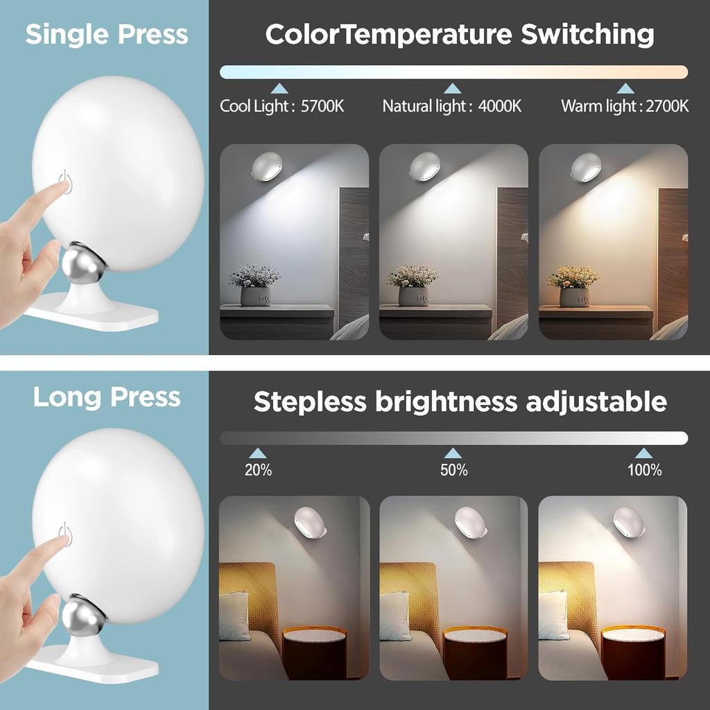 LED Magnetic Wall Light Stepless Dimming Wall-Mounted Lamp, 3-Tone, 360° Rotation, Quick Install, Strong Adhesive, Cordless, Rechargeable, Touch