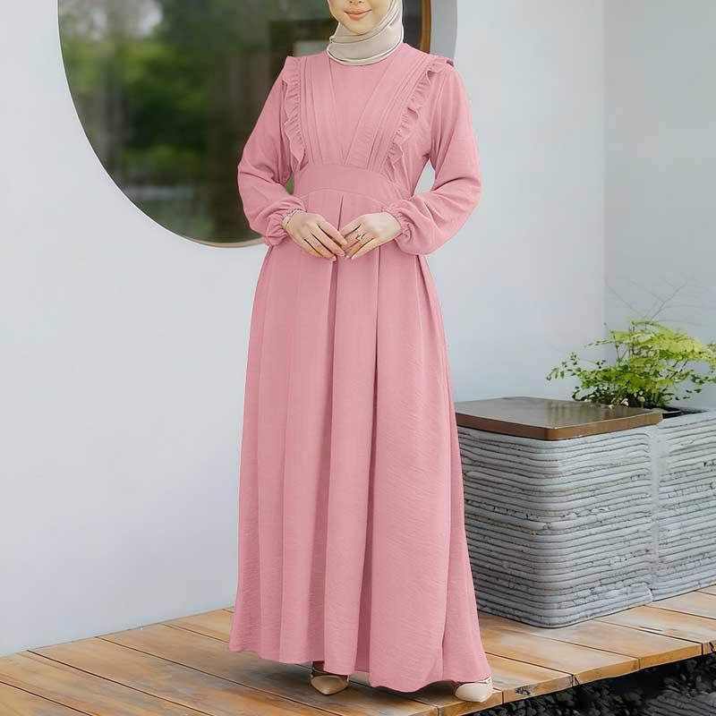 ZANZEA Muslim Casual Round Neck Long Sleeve Women Dresses