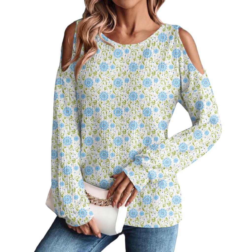 Damen Winter Oversized T-Shirt Modisch Schulterfrei Rundhals Vintage Blumendruck Pullover Langarm Oberteil