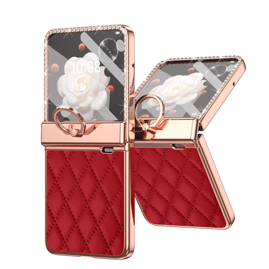 For Honor Magic V Flip Luxury Plating PC+Leather Hinge Full Body Cover Build-in Glass Front Film Shockproof Case