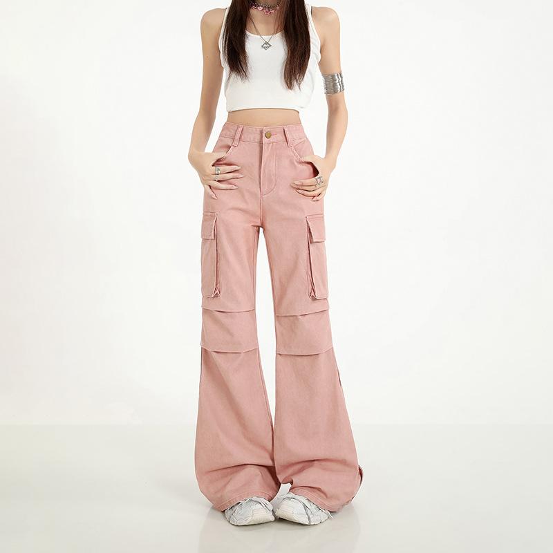trendy pure cotton tooling casual micro-pull jeans women's loose sticker bag fashion deconstruction splicing non-stick leg flared pants
