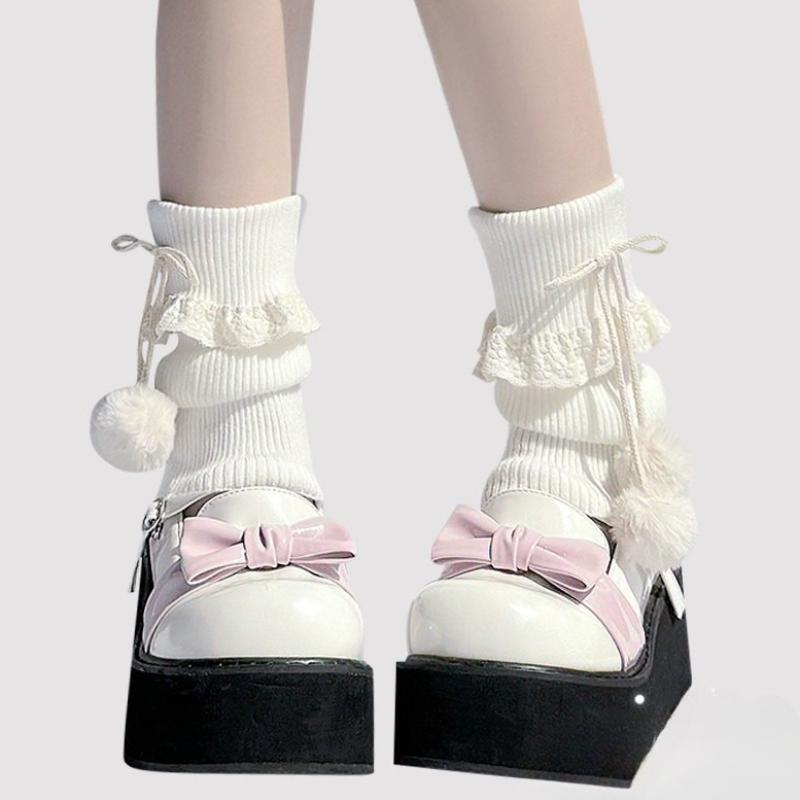 

New JK Socks, Leg Warmers Japanese Style Sweet Lolita Lace Trim Calf Warmers Women Knitted Fuzzy Cute Pom-pom Cuffed Foot Covers One Size молоко, білий колір