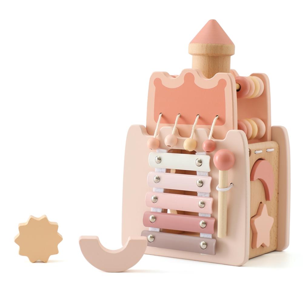 Children Geometric Castle Shape Block Puzzle Toys Kids Montessori Wooden Toys Baby Pink Castle Shape Matching Busy Box Toys
