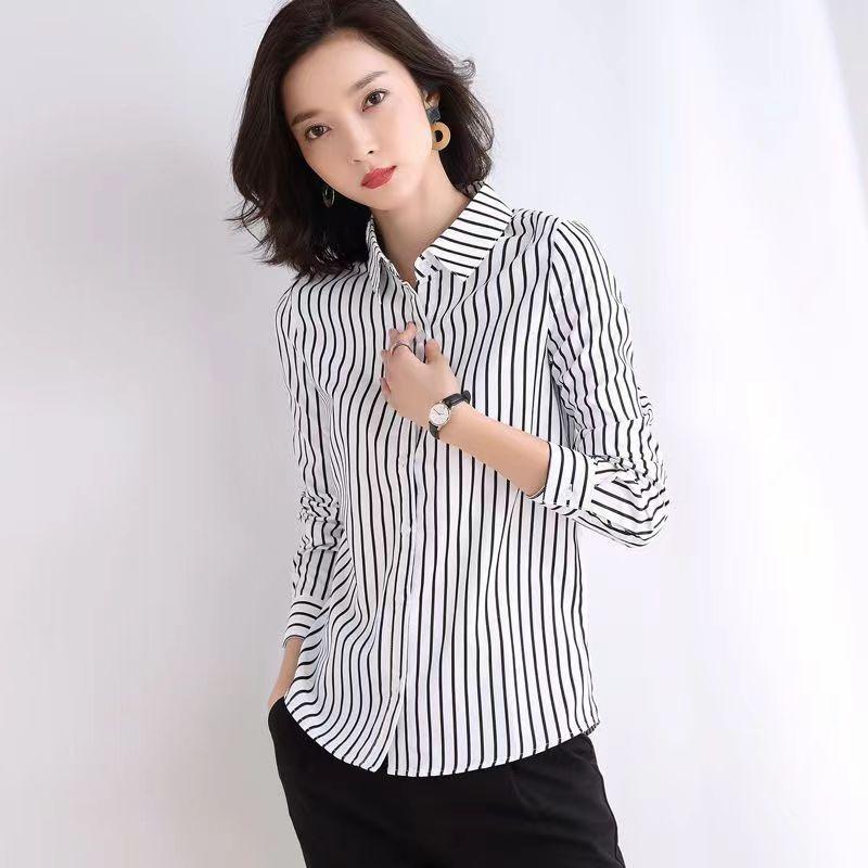 Women's Stripe Long-Sleeve Shirt Slim Fit Formal Casual Button Down Blouse