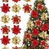 Poinsettia Artificial Christmas Glitter Flowers, Christmas Ornaments Xmas Tree Flower Decorations with Stems DIY Xmas Wreath Holiday Home Party Decor