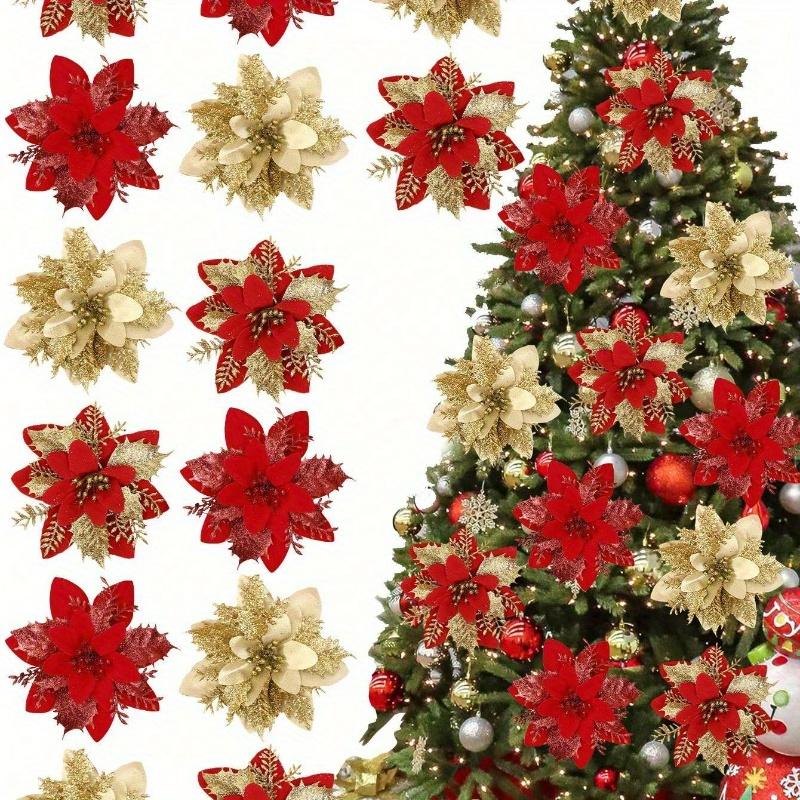 Poinsettia Artificial Christmas Glitter Flowers, Christmas Ornaments Xmas Tree Flower Decorations with Stems DIY Xmas Wreath Holiday Home Party Decor
