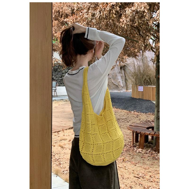 Polyester Knit Tote Bag for Women Oversized Crochet Shoulder Handbag Soft Mesh Woven Purse Casual Daily Commute Bag KTB