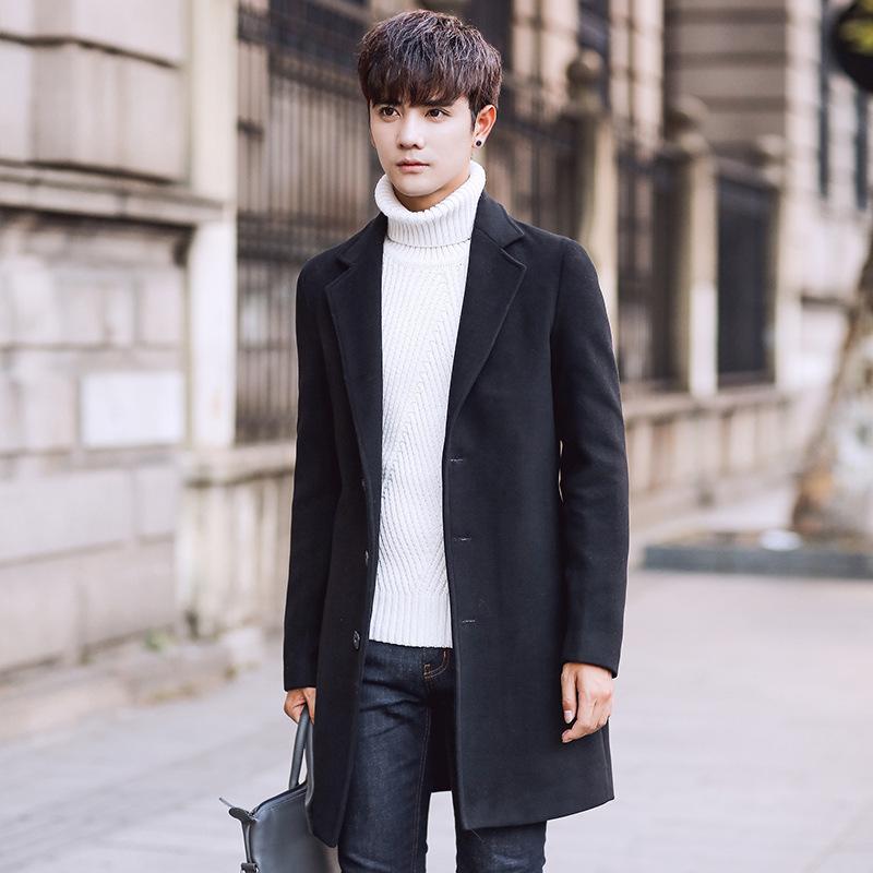 Men S Korean Style Slim Fit Solid Stand Collar Single Breasted Casual Woolen Overcoat