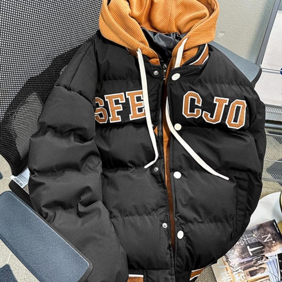 

Men s American Style Embroidered Hooded Cotton Jacket - Trendy, Versatile, Loose-Fit Winter Coat, Solid Color. 4XL чорний