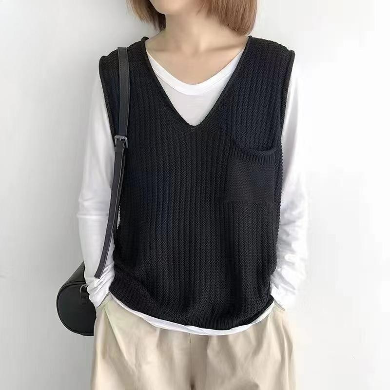 Spring and Autumn Solid Color V-neck Literary Knitted Vest Vest Large Size Fat Mm Stacked Sweater Waistcoat