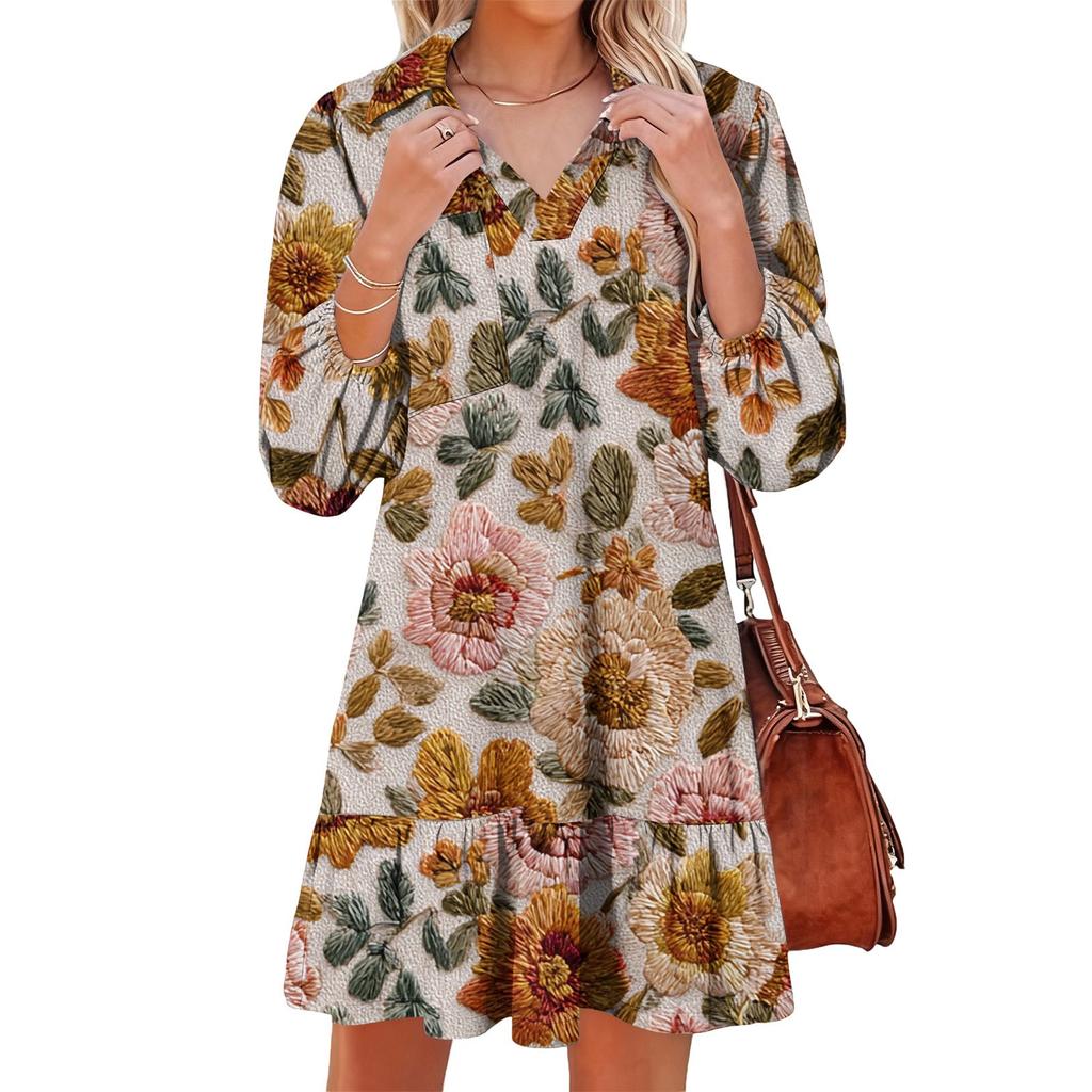 Damenmode Elegant Herbst Und Winter Langarm V-Ausschnitt Weihnachtsprint Kleid