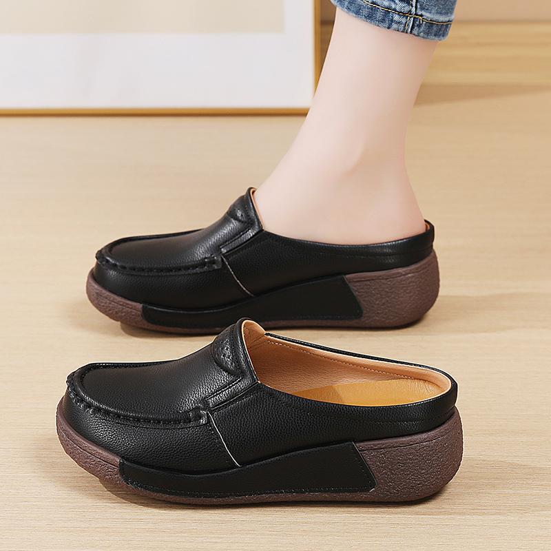 

summer Ladies Platform Loafers Casual Leather Sandals Clog Slippers Backless Mules Women Thick Sole Height Increase Shake Shoe 41 чорний