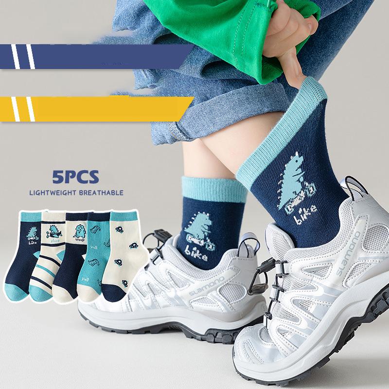 5 Pairs Kids Cotton Socks Spring Autumn Mid Length Soft Comfortable Cartoon Boy Girl Breathable Student Socks