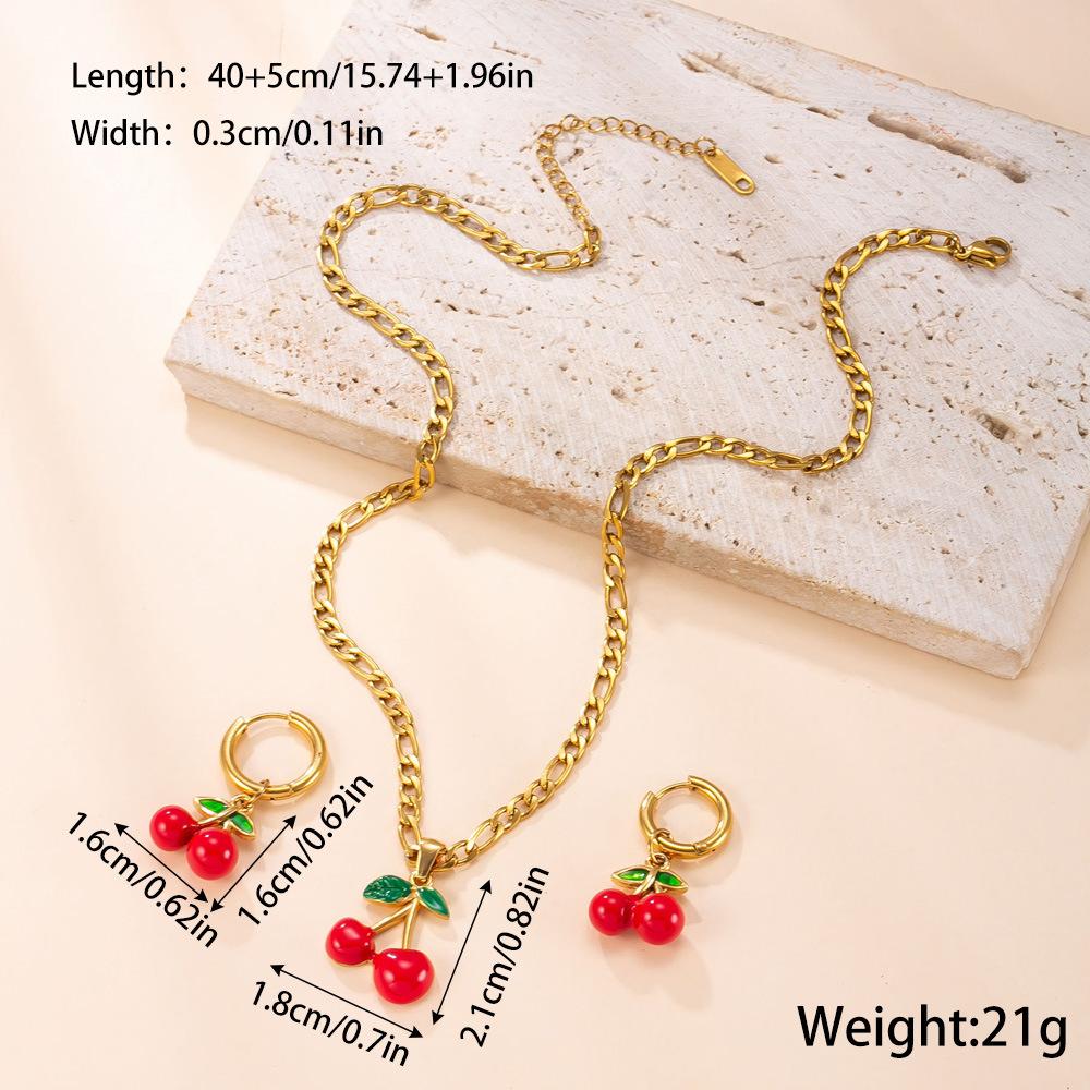 Stainless Steel Necklace Drip Red Oil Cherry Earrings Cute Sweet Plated 18k Gold Titanium Steel Jewelry Set