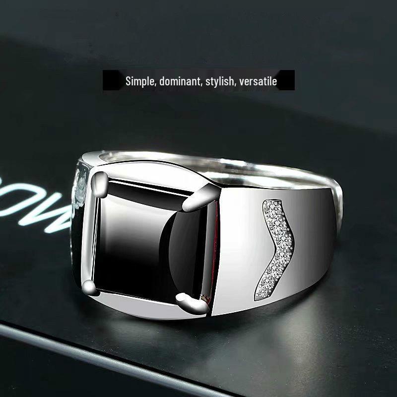 S925 Silver Plated Men's Black Agate Domineering Open Ring with Faux Gem