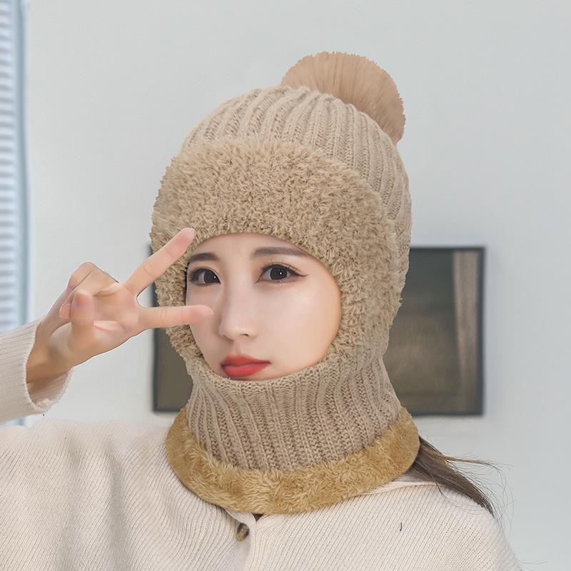 High Stretch Solid Color Knitted Scarf Mask All-In-One Cap Women's Winter Cycling Windproof Warm All-In-One Cap