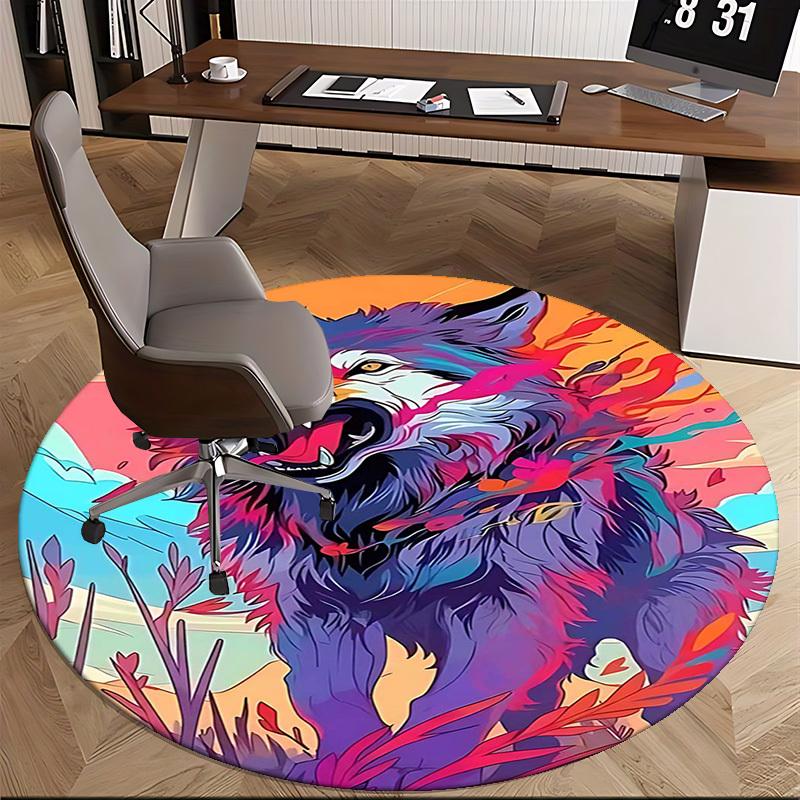 1pc Anime Wolf Round Carpet Office Chair Mat, Non Slip Rug for Home Decor, Gift, Office, Living Room, Bedroom