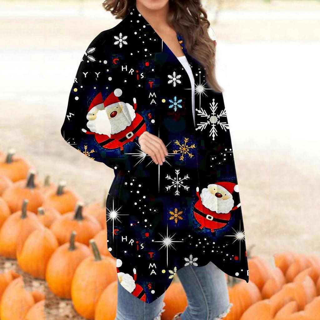 Women's Christmas Print Irregular Long Sleeve Cardigan With Pocket Jacket