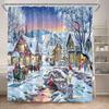 Winter Christmas Shower Curtains Town Street Snowman Snow Mountain Scenery New Year Xmas Home Bathroom Decor Bath Curtain Set
