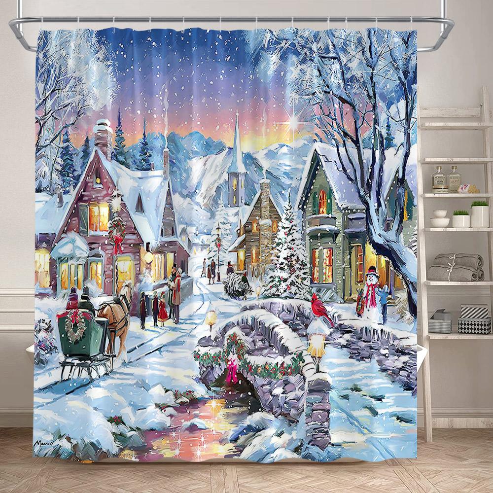 Winter Christmas Shower Curtains Town Street Snowman Snow Mountain Scenery New Year Xmas Home Bathroom Decor Bath Curtain Set