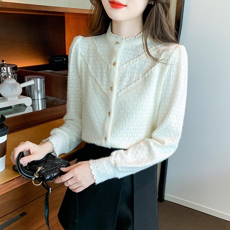 

Женская рубашка в стиле ретро, в корейском стиле, на флисовой подкладке, с рукавами-буфами и кружевной отделкой, для осени/зимы 2025 S