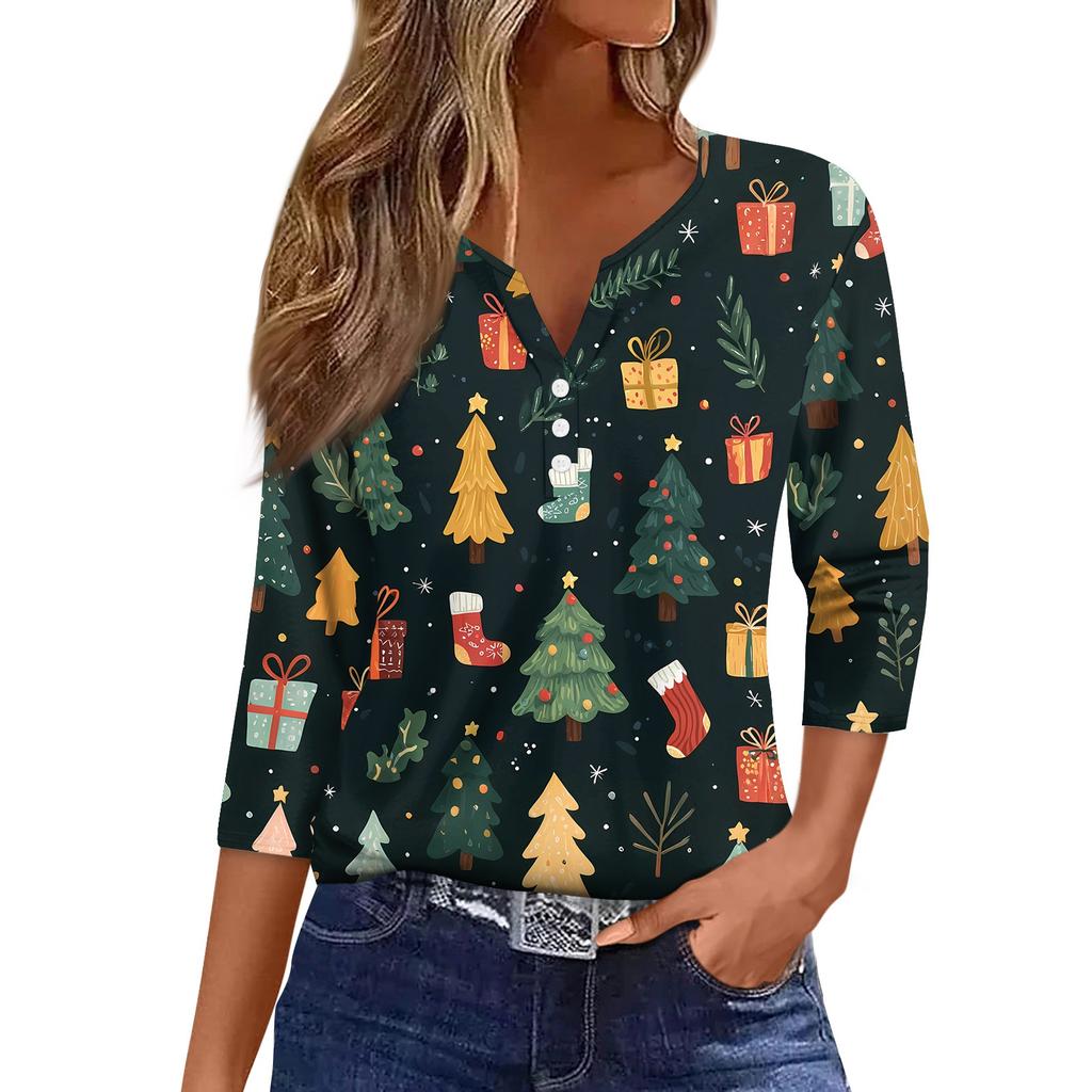 Camiseta de mujer con estampado navideño, botones, manga 3/4, para uso diario, fin de semana, básica, cuello en V, camiseta regular