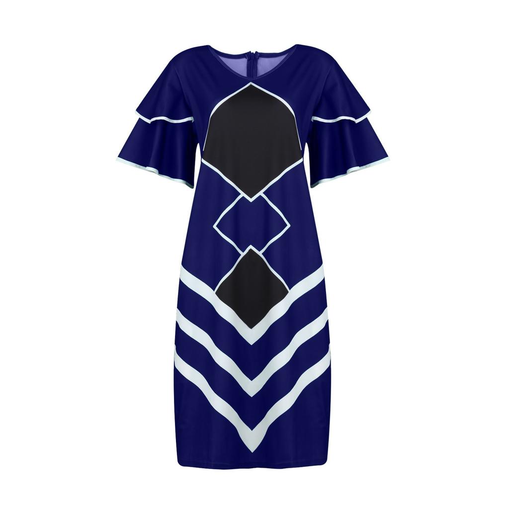 Women's Fashion Casual V-neck Flared Sleeves Large Size Printed Waist Slimming Short-sleeved Dress