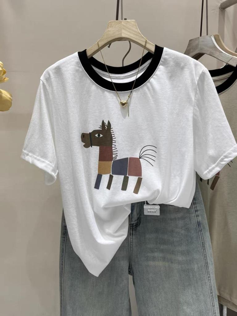 Colorful Horse Print Plus Size Summer Casual Loose Women's Cotton T-shirt