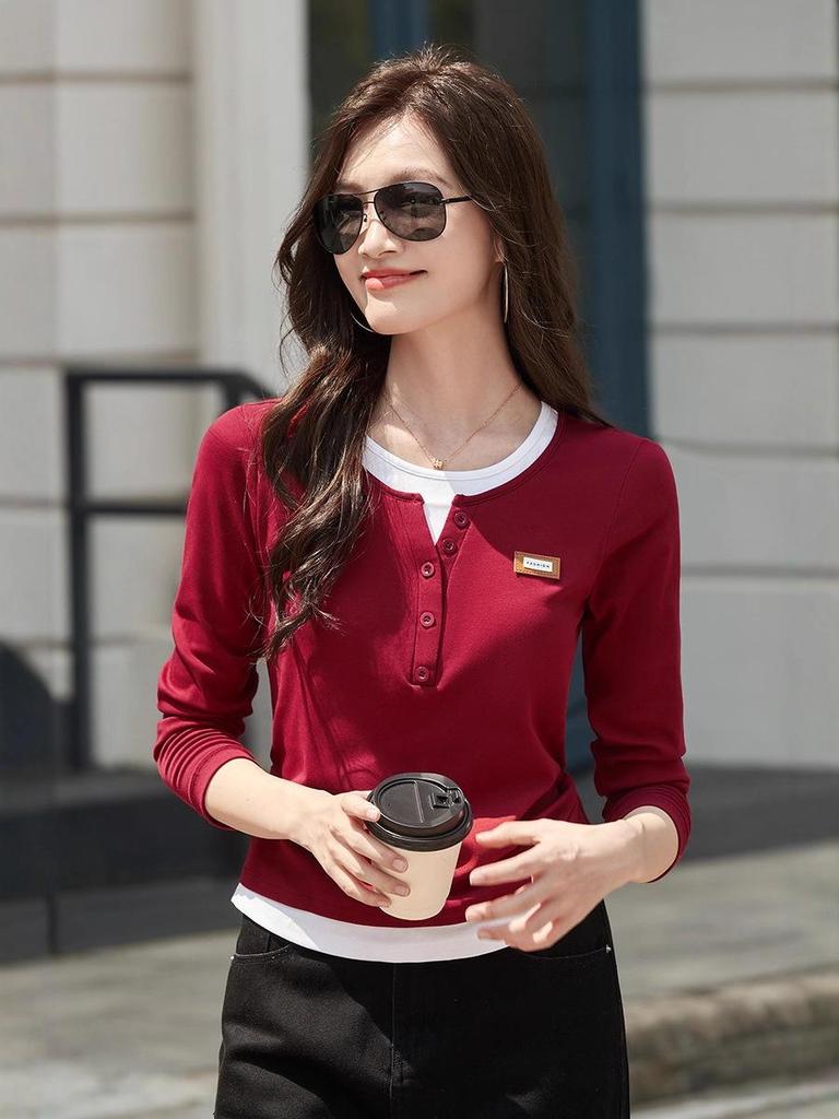 Übergröße Colorblock Langarm T-Shirt für Damen - 2025 Herbstdesign, Taillenformender Fake-Zweiteiler-Stil