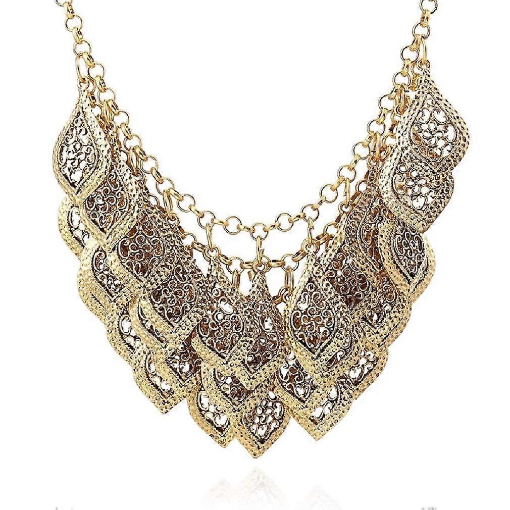 Vintage Gorgeous Multilayer Gold Plated Leaves Chain Collar Bib Chunky Necklace