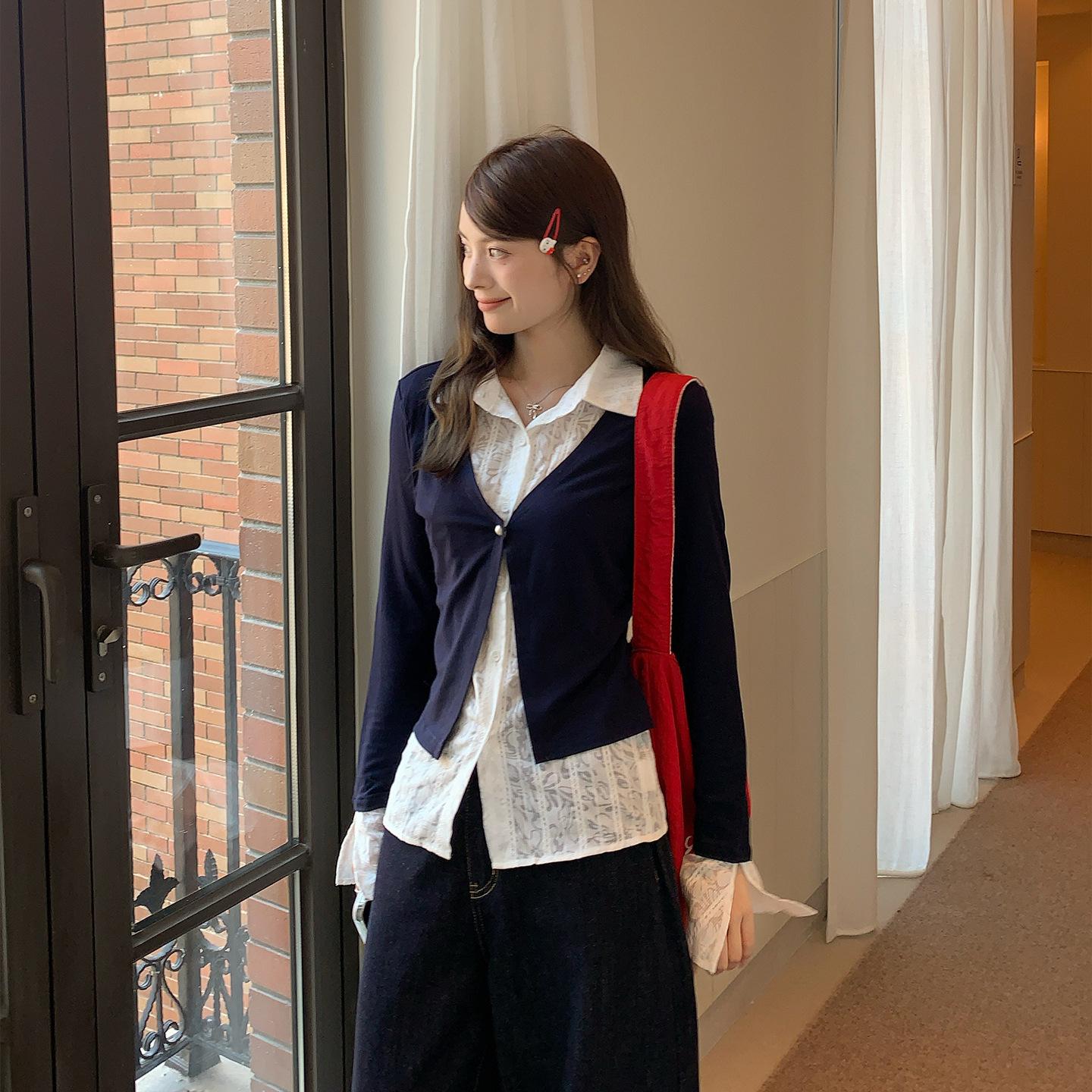 

[Original practice] Navy blue fake two-piece long-sleeved Polo autumn new inner design lazy bottoming shirt XL