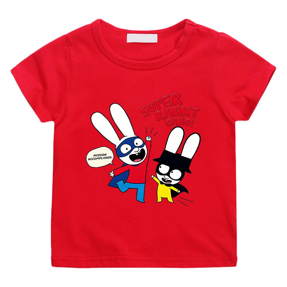 

100% Cotton Simon Super Rabbit Cartoon Children s T-shirt Cute Boys Fun T-shirt Hip Hop Girls Manga Kids Anime Tops Casual O-neck Tees Summer clothes 100 червоний