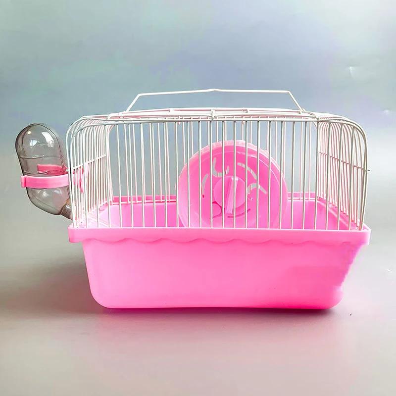 Pet Hamster Cage with Running Wheel Water Bottle Food Portable Carrier House Mice Home Habitat for Going Out, Traveling (Pink)