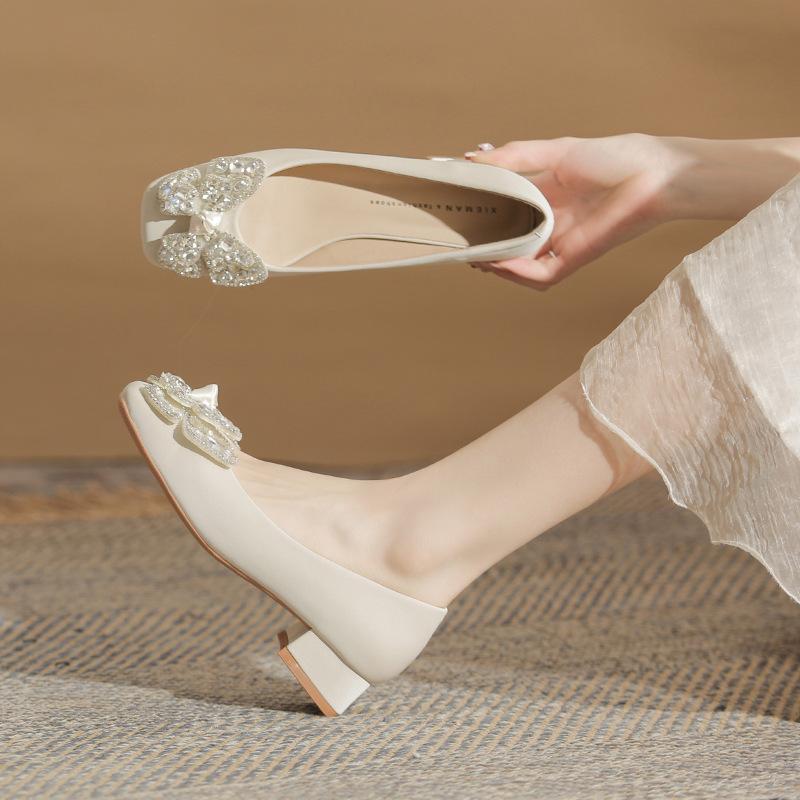 -B Bow Rhinestone Premium Comfortable Versatile Square Head Thick Heel Women's Single Shoes