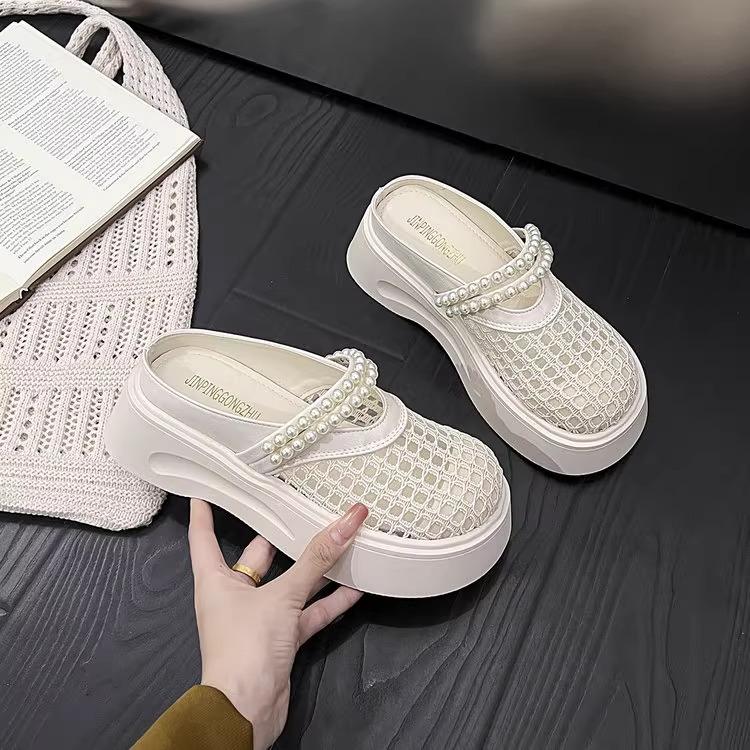 2025 New Thick-soled Heightening Pearl Super Fire One-pedal Bag Head Half Slippers Women's Summer Outer Wear Hollow Cool Slippers