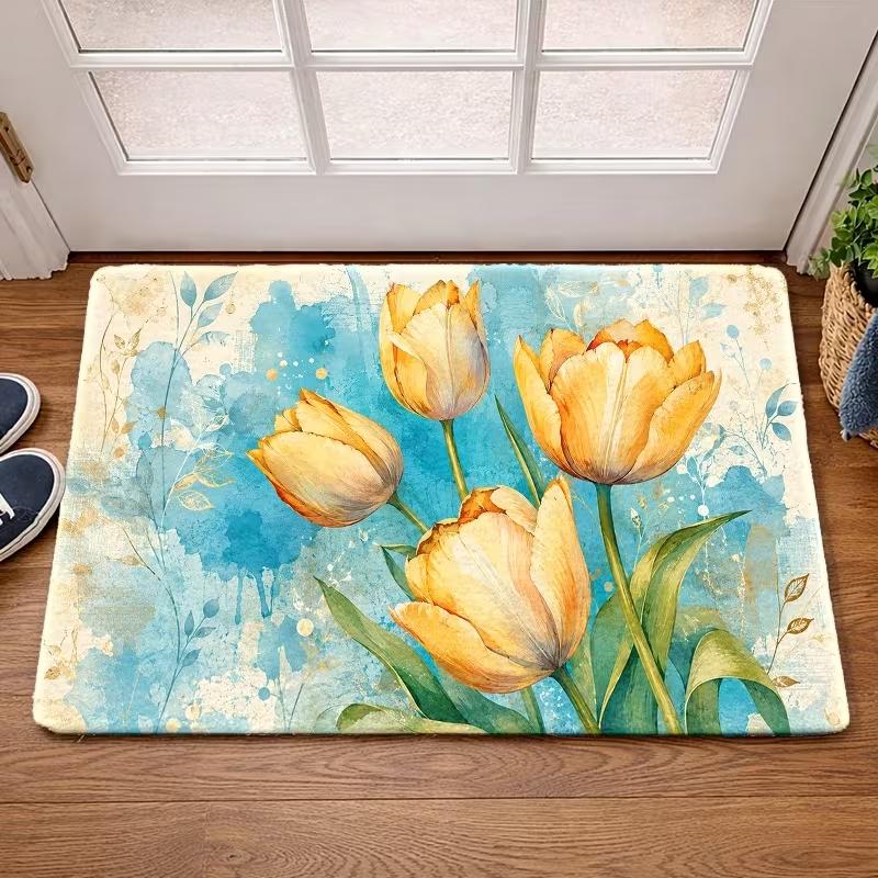 Tulip Door Mat Non Slip Entrance Doormat Floral Plant Pattern Floor Rug for Front Door Bedroom Kitchen Home Decor Carpet