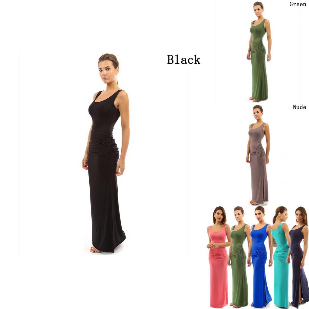 Elegant Summer Women Round Neck Slim Pleated Skirt Long Dress Sleeveless Split Swing