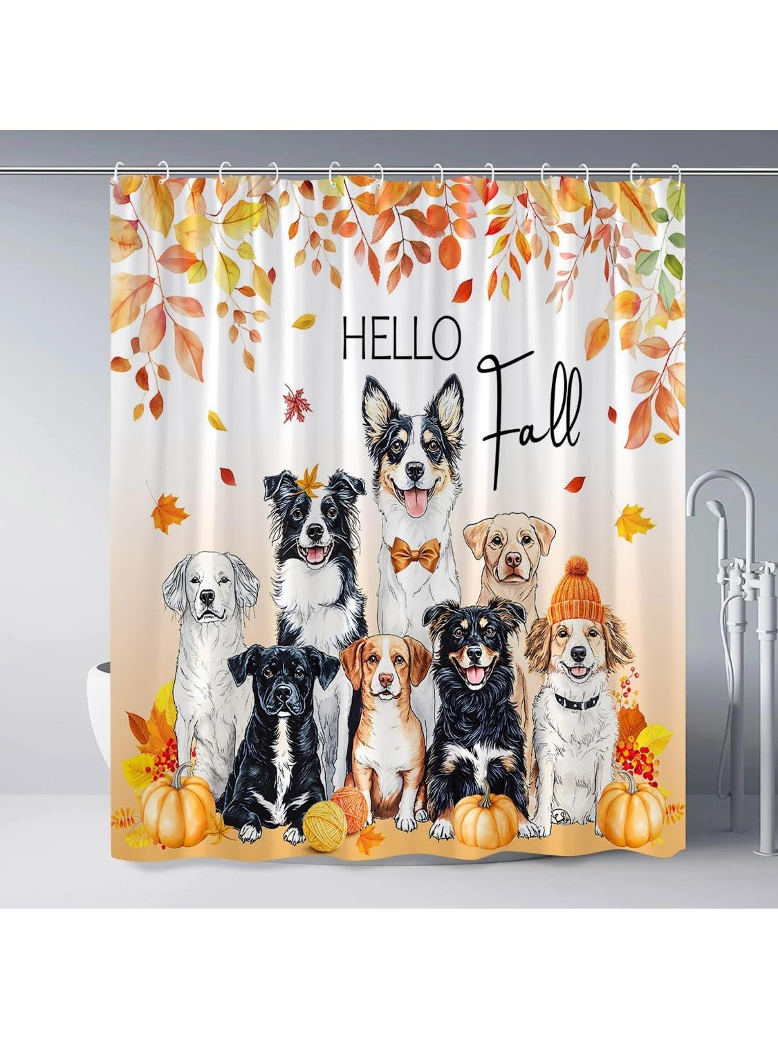 

Fall Thanksgiving Shower Curtain Funny Dog Watercolor Autumn Pumpkins Maple Leaves Rustic Farmhouse Harvest Animal Botanical W60H190(CM)-1 Pcs
