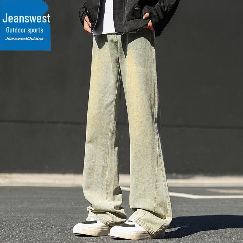Zhenweis Men's High Street Elastic Waist Straight-Leg Bootcut Jeans