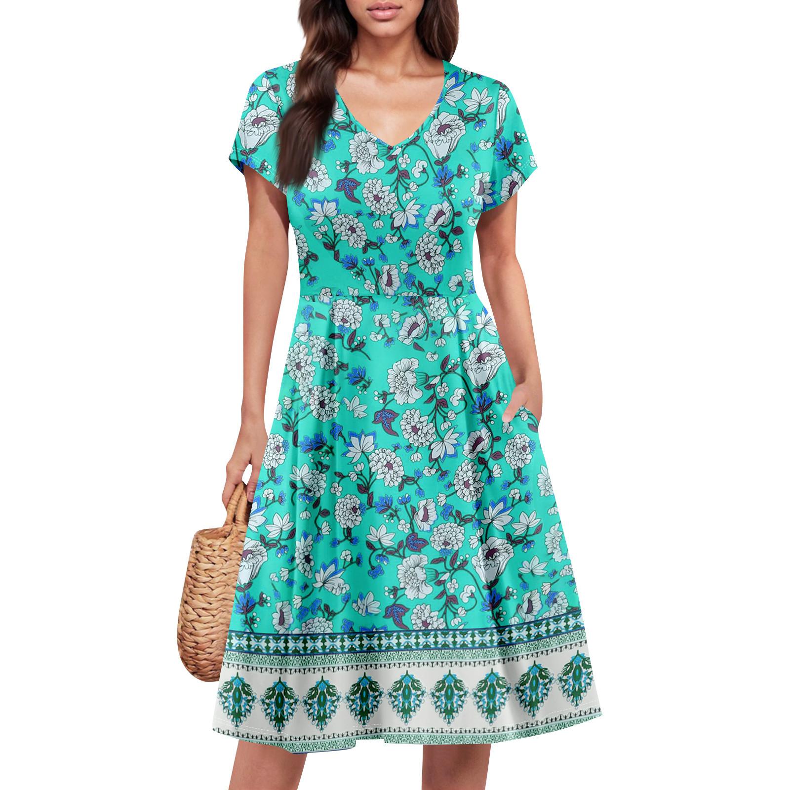 

Женское летнее платье с коротким рукавом, V-образным вырезом, короткое, модное, повседневное, летящее, А-силуэта, платье-сарафан с карманом S