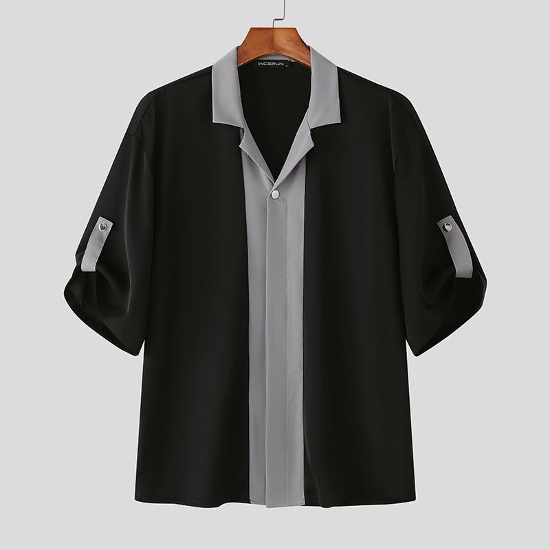 INCERUN Oversized Men Lapel Neck Half Sleeve Patchwork Casual Shirts