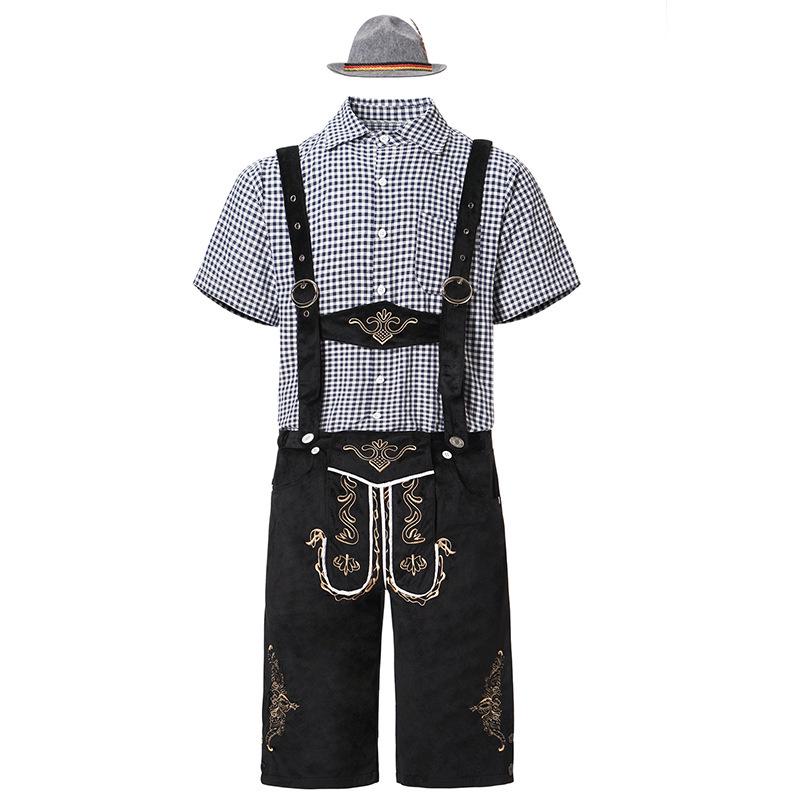 Men's Oktoberfest Outfit: Plaid Shirt, Denim Overalls, and Hat