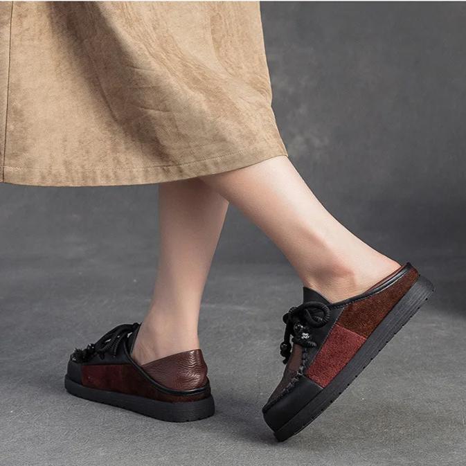 Johnature Retro Genuine Leather Mixed Colors Versatile Comfortable Casual Women's Flat Shoes